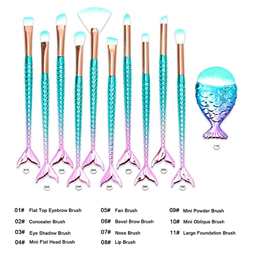 11PCS Makeup Brushes Set with Colorful Fish Tail Handle, Foundation Eyebrow E...