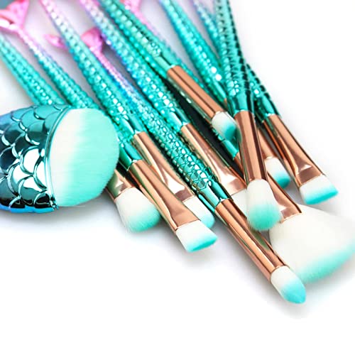 11PCS Makeup Brushes Set with Colorful Fish Tail Handle, Foundation Eyebrow E...