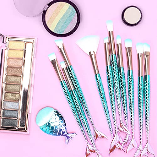 11PCS Makeup Brushes Set with Colorful Fish Tail Handle, Foundation Eyebrow E...