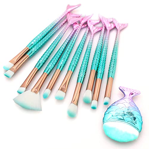 11PCS Makeup Brushes Set with Colorful Fish Tail Handle, Foundation Eyebrow E...