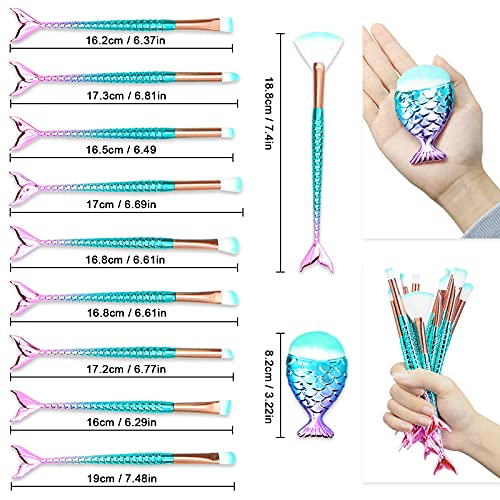 11PCS Makeup Brushes Set with Colorful Fish Tail Handle, Foundation Eyebrow E...
