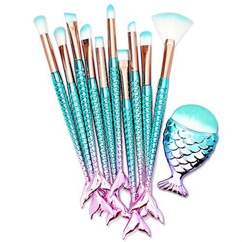 11PCS Makeup Brushes Set with Colorful Fish Tail Handle, Foundation Eyebrow E...