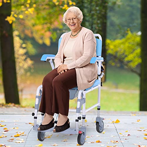 HOMCOM Accessibility Commode Wheelchair, Rolling Shower Wheelchair with 4 Cas...