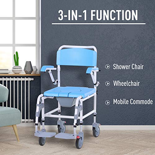 HOMCOM Accessibility Commode Wheelchair, Rolling Shower Wheelchair with 4 Cas...