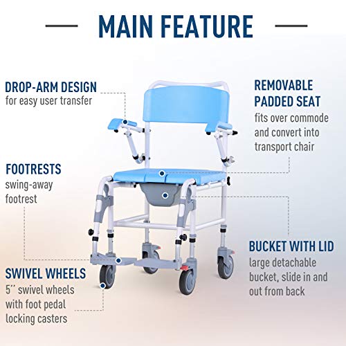 HOMCOM Accessibility Commode Wheelchair, Rolling Shower Wheelchair with 4 Cas...