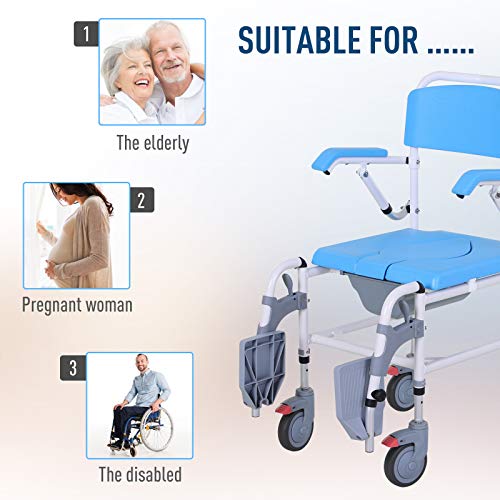HOMCOM Accessibility Commode Wheelchair, Rolling Shower Wheelchair with 4 Cas...