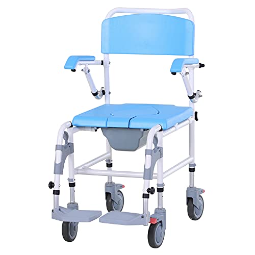 HOMCOM Accessibility Commode Wheelchair, Rolling Shower Wheelchair with 4 Cas...