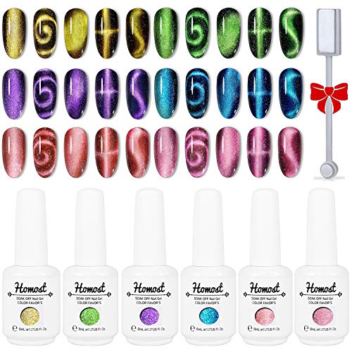 HOMOST 5D Cat Eye Gel Nail Polish Kit, 6PCS Magnetic Gel Nail Polish Set With...