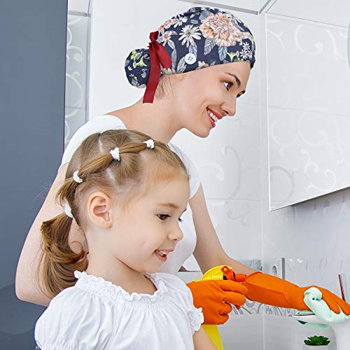 6 Pcs Scrub Caps Women with Buttons Adjustable Bouffant Hats Ponytail Holder ...