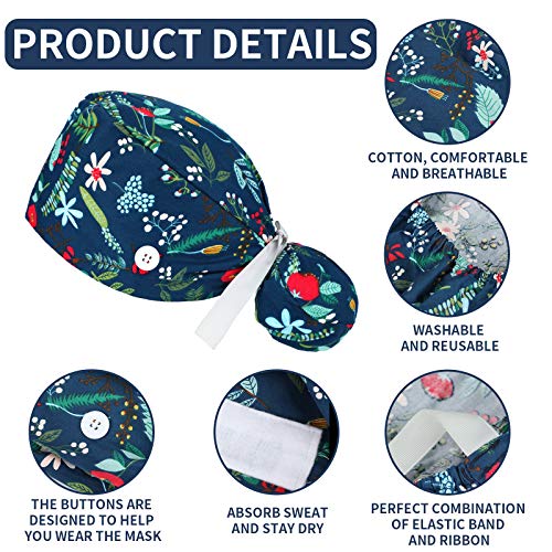 6 Pcs Scrub Caps Women with Buttons Adjustable Bouffant Hats Ponytail Holder ...