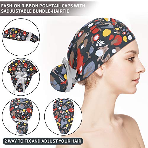 6 Pcs Scrub Caps Women with Buttons Adjustable Bouffant Hats Ponytail Holder ...