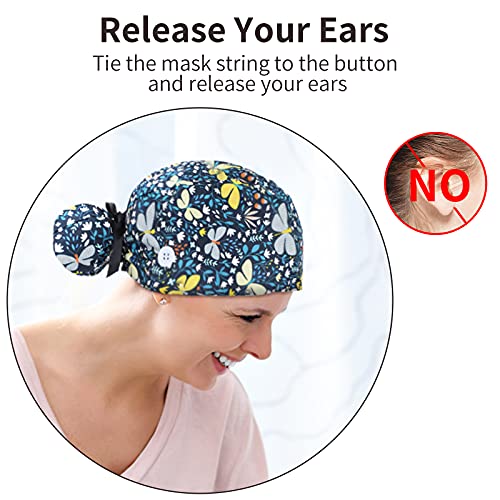 6 Pcs Scrub Caps Women with Buttons Adjustable Bouffant Hats Ponytail Holder ...