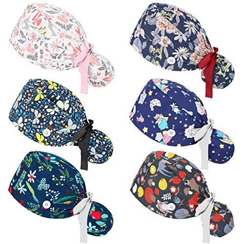 6 Pcs Scrub Caps Women with Buttons Adjustable Bouffant Hats Ponytail Holder ...