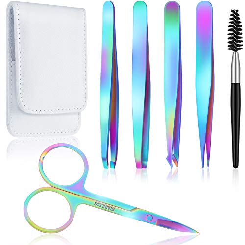 6 Pieces Eyebrow Tweezers Set with Curved Scissors, Eyelash Brush Stainless S...