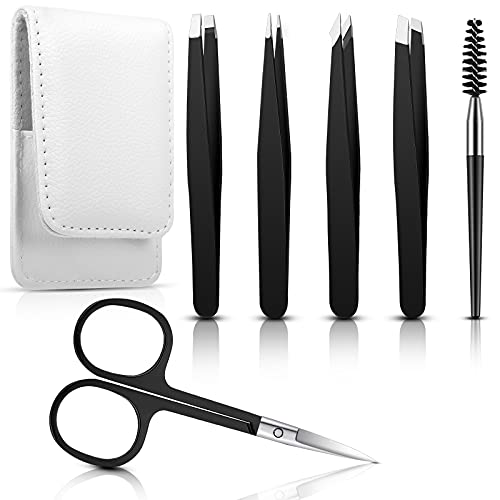 6 Pieces Eyebrow Tweezers Set with Curved Scissors, Eyelash Brush Stainless S...