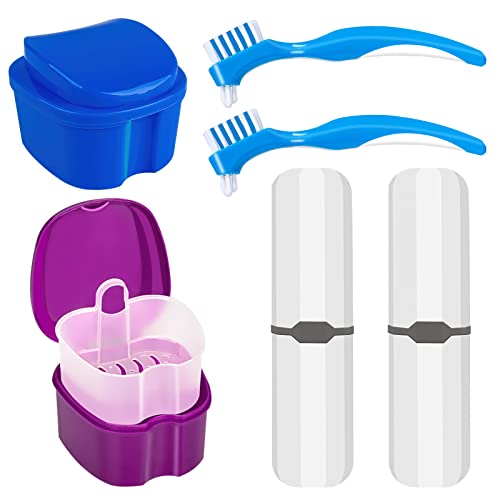 Denture Case Kit, 2 Denture Cup with 2 Denture Brush & 2 Portable Brush Box, ...