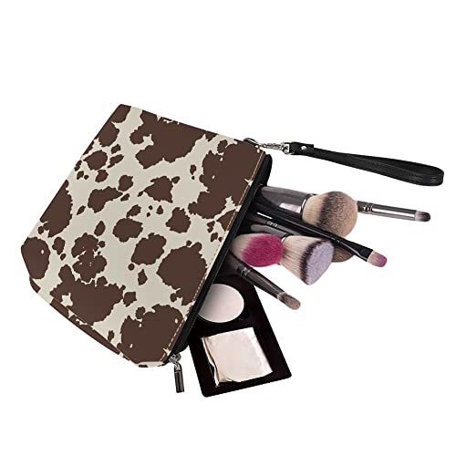 Horeset Brown Cow Print Makeup Bag,Fashion Travel Waterproof Cosmetic Pouch T...