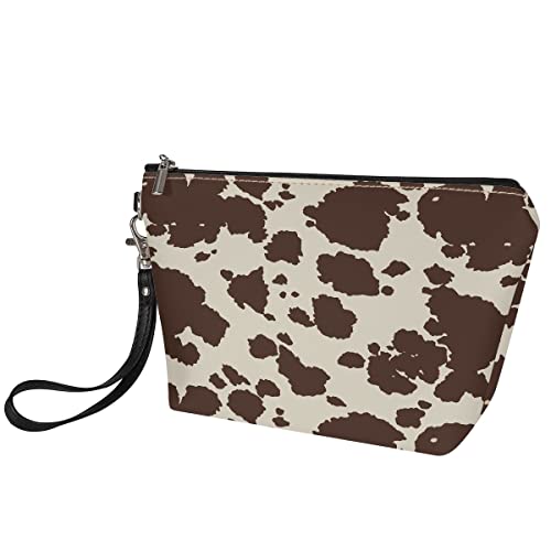 Horeset Brown Cow Print Makeup Bag,Fashion Travel Waterproof Cosmetic Pouch T...