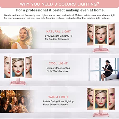 Makeup Mirror Trifold Mirror with Lights - 3 Color Lighting Modes 72 LED Vani...