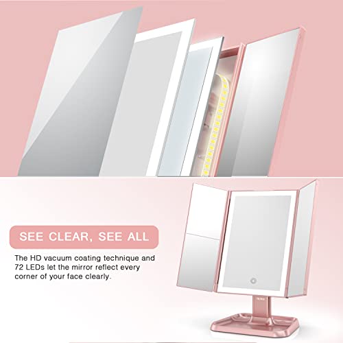 Makeup Mirror Trifold Mirror with Lights - 3 Color Lighting Modes 72 LED Vani...