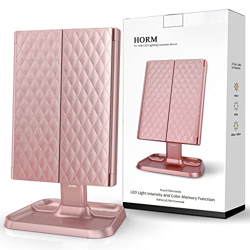 Makeup Mirror Trifold Mirror with Lights - 3 Color Lighting Modes 72 LED Vani...