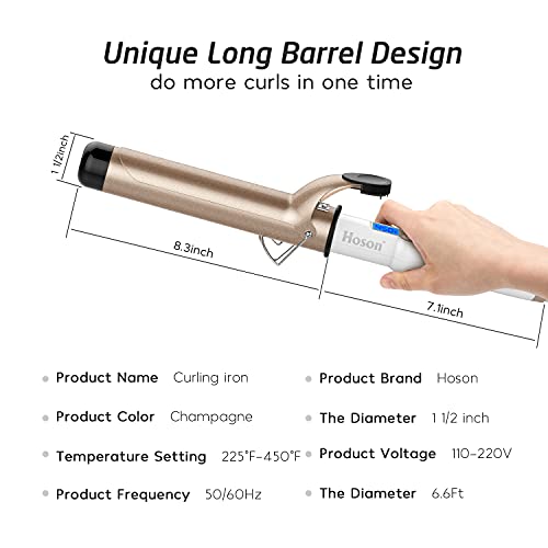 Hoson 1 1/2 Inch Curling Iron Large Barrel, 1.5 Long Barrel Curling Wand Dual...