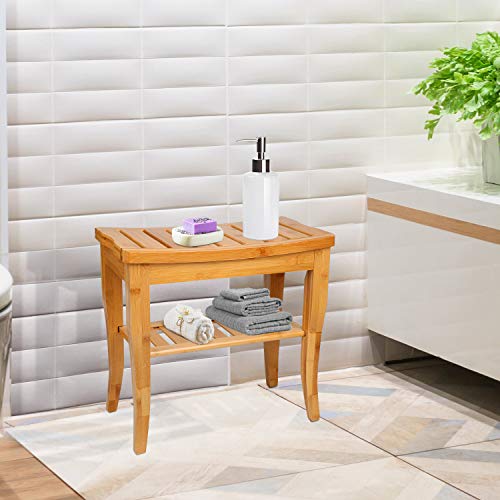 Hossejoy Bamboo Shower Bench Seat Wood Spa Bath Luxury Organizer Stool Shower...