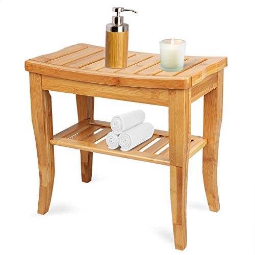 Hossejoy Bamboo Shower Bench Seat Wood Spa Bath Luxury Organizer Stool Shower...
