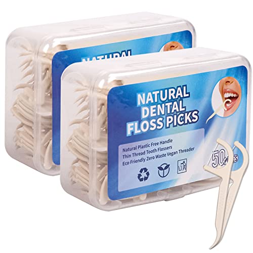 Natural Dental Floss Picks Biodegradable 100 Count - BPA Free, Vegan, Sustain...