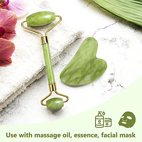 Gua Sha Facial Tool & Jade Roller Set from Huefull designed to reduce puffine...