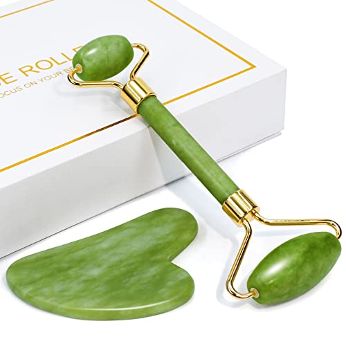 Gua Sha Facial Tool & Jade Roller Set from Huefull designed to reduce puffine...