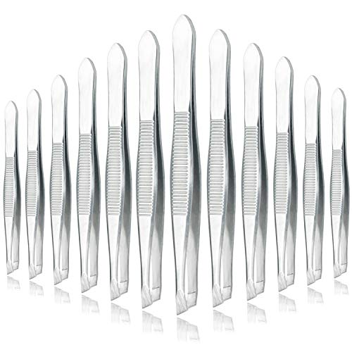 Stainless Steel Tweezers - 12 Pieces Slant Tip Tweezers Set - Precision Facia...