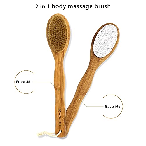 ICANdOIT Long handle100%Natural boar bristle with Pumice Stone Dry&Wet body b...