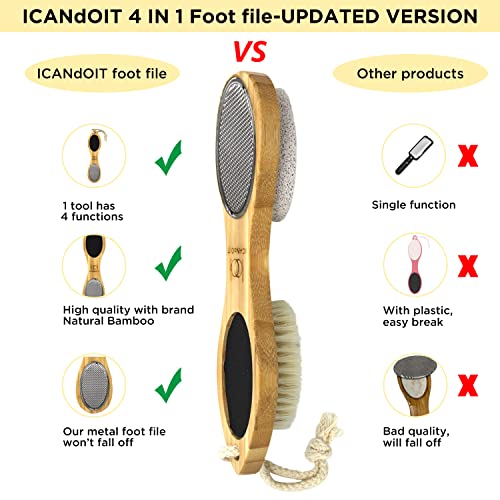 ICANdOIT Natural Bamboo Foot File Callus Remover-Multi Purpose 4 in 1 Feet Pe...