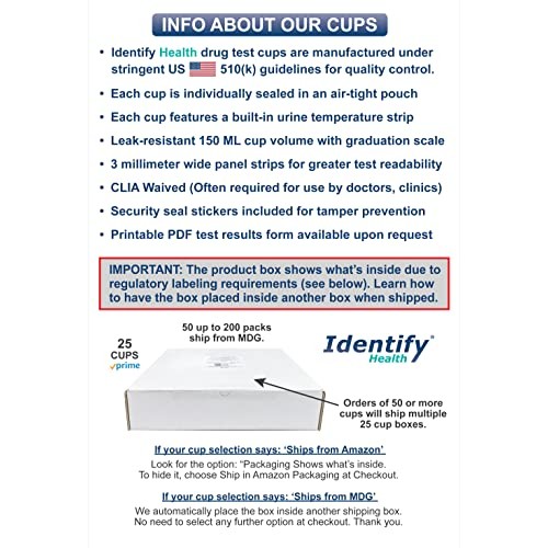 25 Pack Identify Health 12 Panel Drug Test Cup - PCP Version - Tests Urine In...