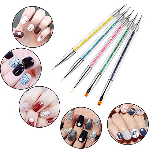 iFwevs Nail Art Brushes,5pcs Double Ended Brush & Dotting Tool Kit,Including ...