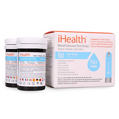 iHealth Blood Glucose Test Strips (50 Count), No Coding Blood Sugar Test, Eli...