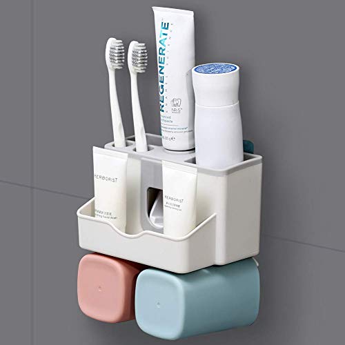 IKEAR Toothbrush Holder Toothpaste Dispenser Set with Super Sticky Suction Pa...