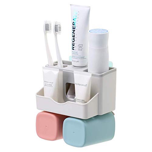 IKEAR Toothbrush Holder Toothpaste Dispenser Set with Super Sticky Suction Pa...