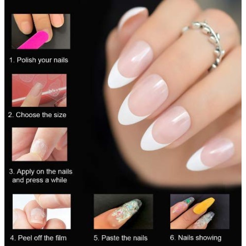 Salon French Nail Tips Short Round Ombre Acrylic French False Nail Set Glitte...