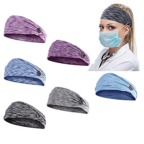 6Pcs Button Headbands Set, Non Slip Elastic Headbands Moisture Wicking Sweatb...