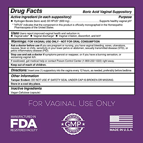 Boric Acid Vaginal Suppositories - 30 Count (600mg) + 7 Applicators - Made in...