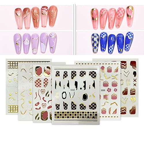 3D Gold Nail Art Stickers Decals Fashion Checkerboard Grid Self-Adhesive Nail...