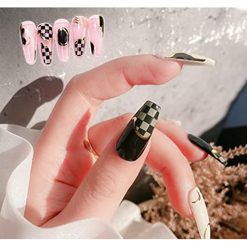 3D Gold Nail Art Stickers Decals Fashion Checkerboard Grid Self-Adhesive Nail...