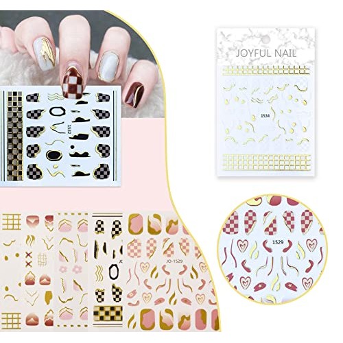3D Gold Nail Art Stickers Decals Fashion Checkerboard Grid Self-Adhesive Nail...