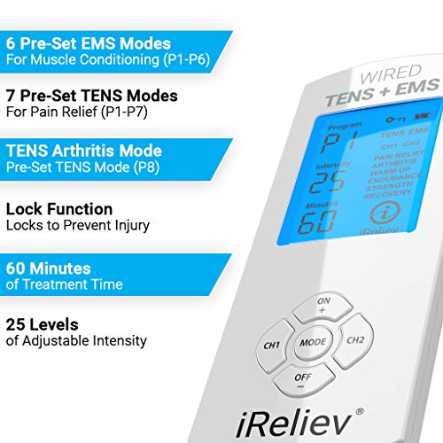 TENS Unit + EMS Muscle Stimulator by iReliev: Comes with 14 Therapy Modes, Pr...