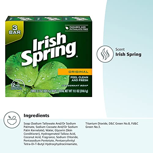 Irish Spring Deodorant Bar Soap, Original, Green Irish Spring, 11.1 Ounce