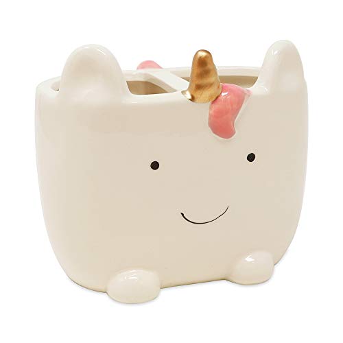 Isaac Jacobs White Ceramic Unicorn Makeup Brush Holder, Multi-Purpose 2-Secti...
