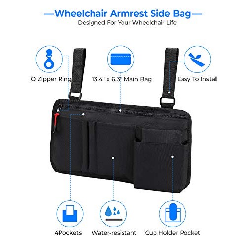 Wheelchair Side Bag, Armrest Pouch Bag with Cup Pocket, 5 Pockets Storage Org...
