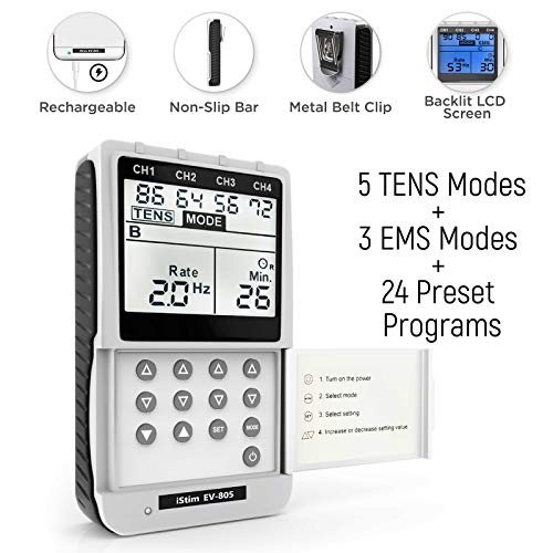 iSTIM EV-805 TENS EMS 4 Channel Rechargeable Combo Machine Unit - Muscle Stim...